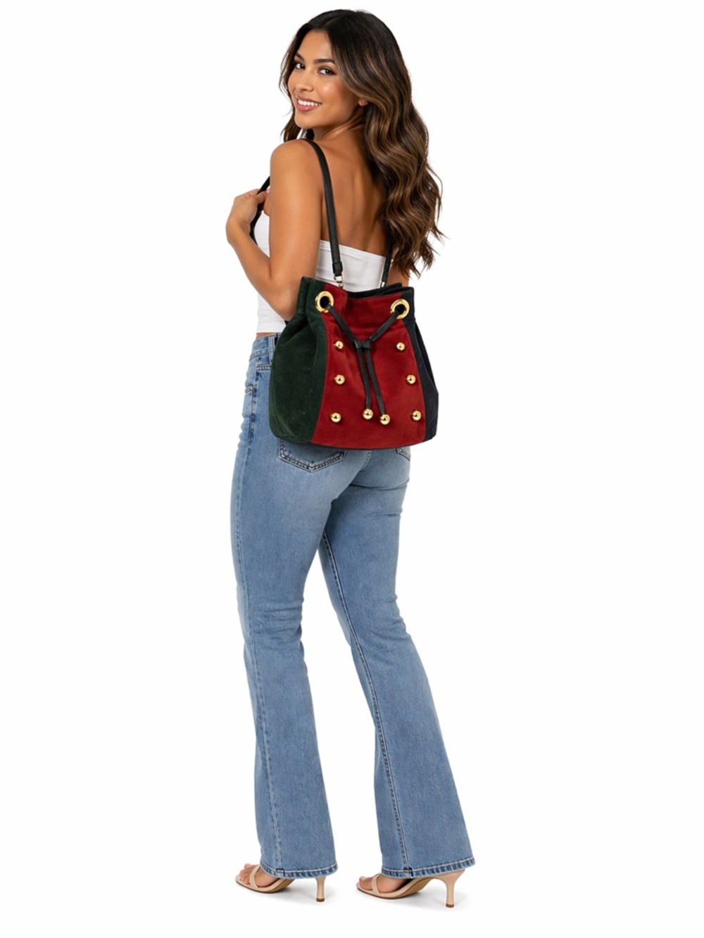 Red Suede Drawstring Crossbody Bag Medium Bucket Purse Red Green Black